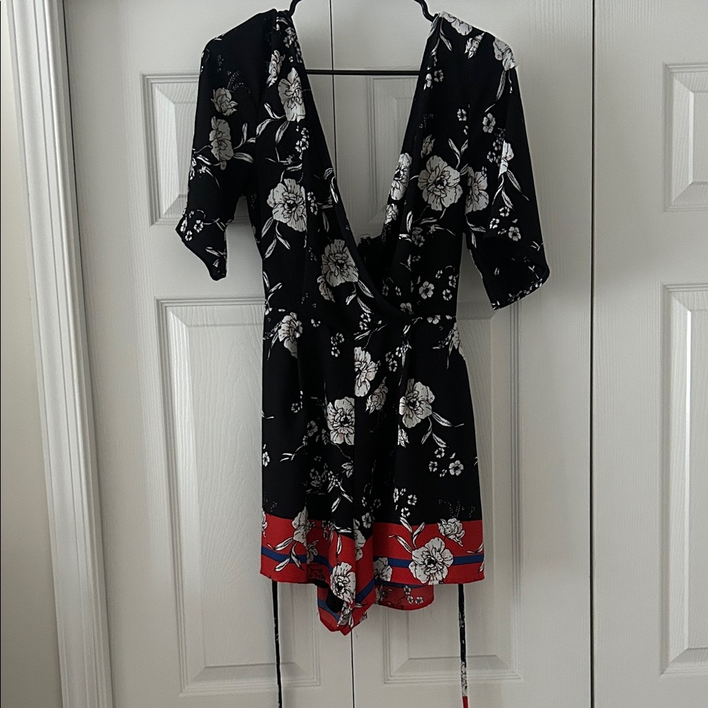 Floral Wrap Romper Dress with Red Accents